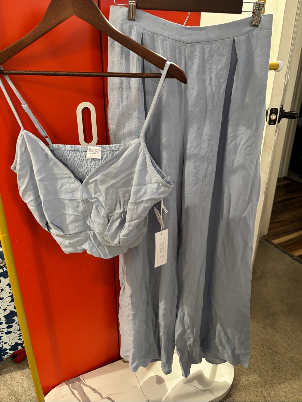 Light Blue Two-Piece Satin Lounge Set - Crop Cami & Wide Leg Pants